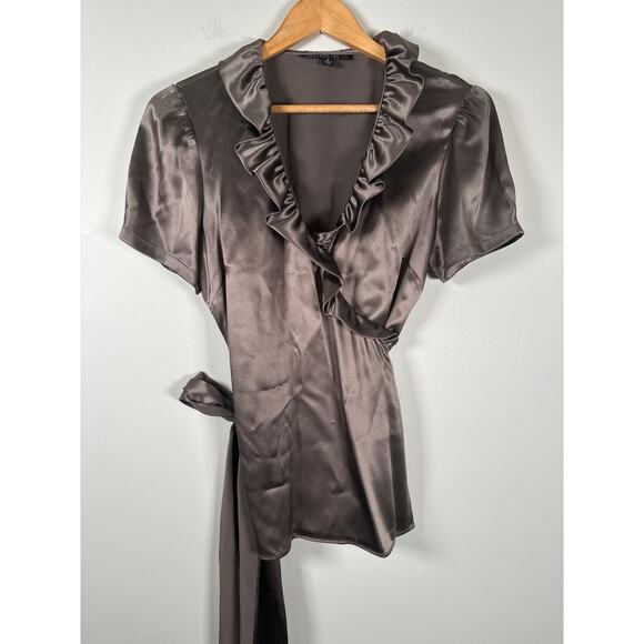 Lafayette 148 Silk Wrap Shirt Bronze Short Sleeve Top Size 8 Side Tie Blouse